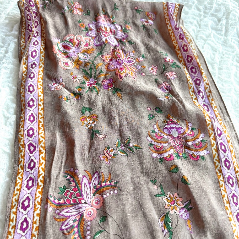 Oscar de la Renta Silk Scarf Floral Taupe Purple Long Designer Wrap 50” - Picture 6 of 10